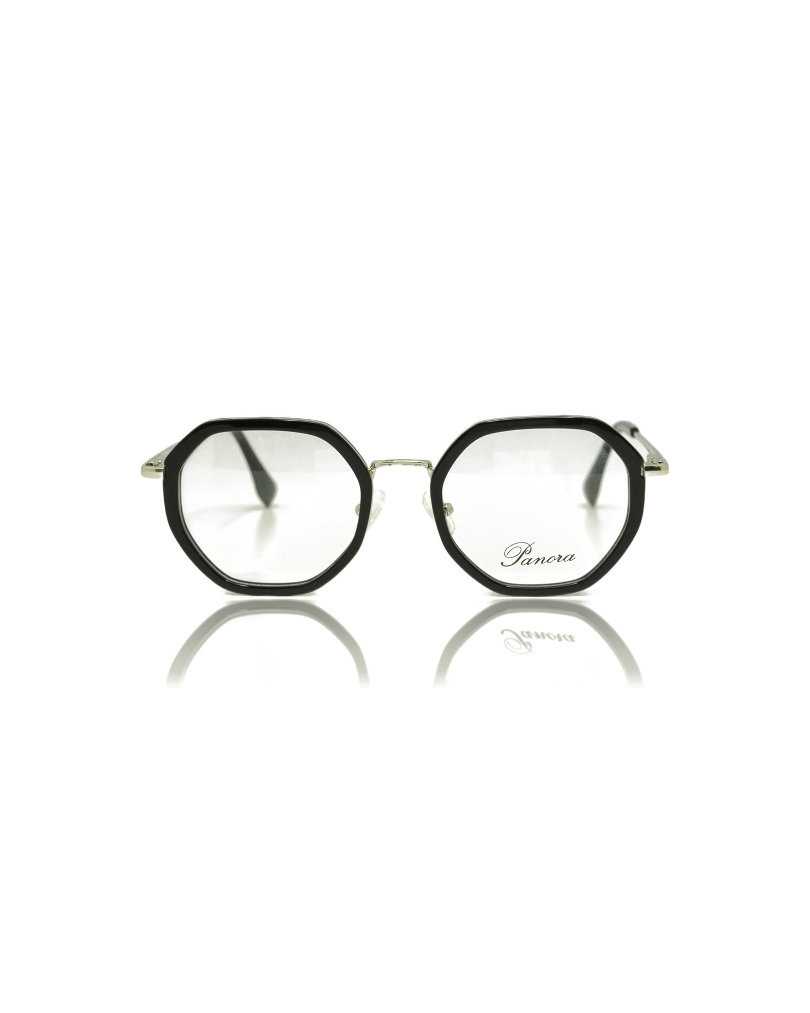 PANORA Luxury Oval Shell Frame with Metallic Bridge (Piano Black Gloss with Brushed Silver)